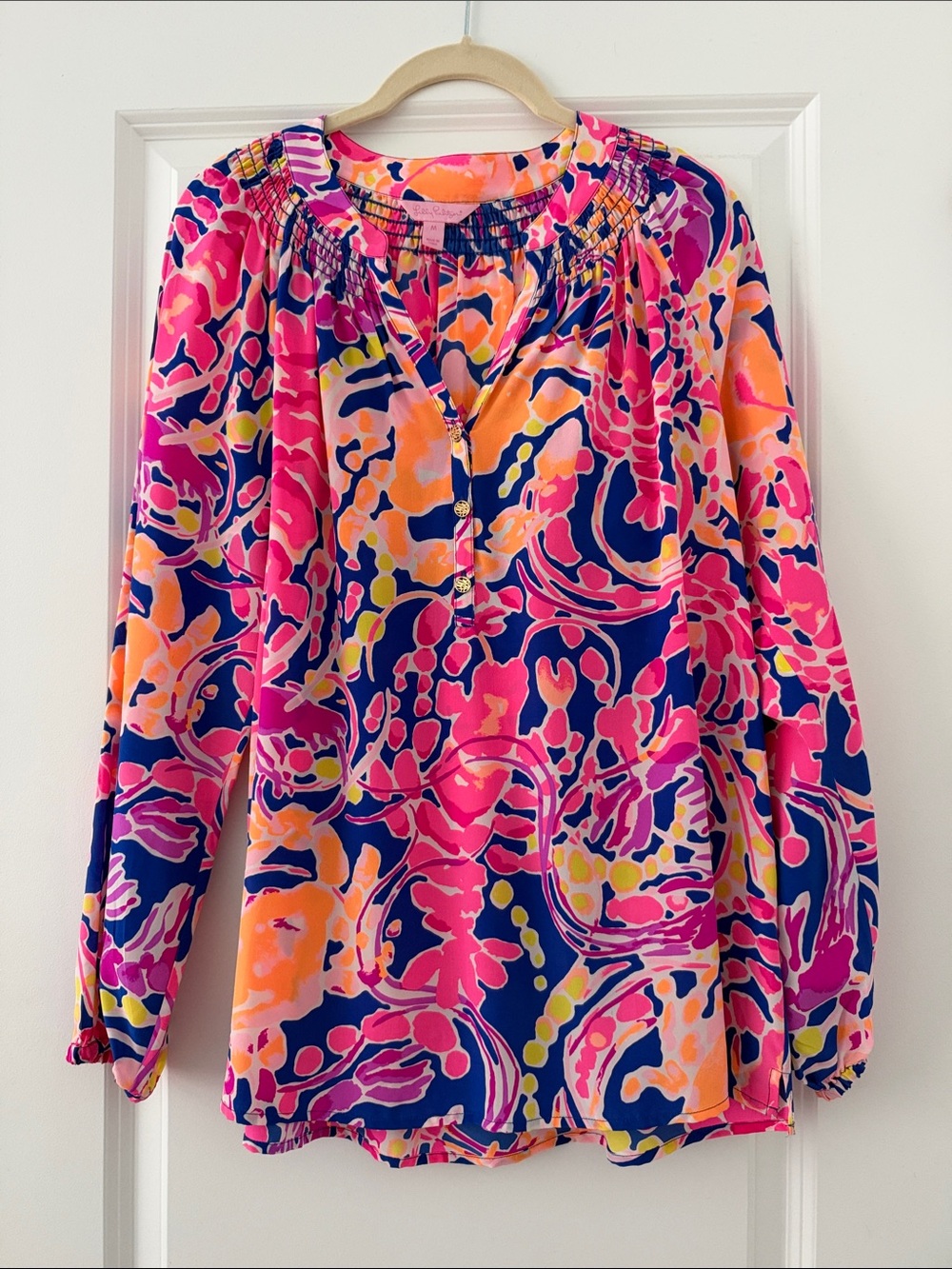 Lilly Pulitzer Neon Floral Crab Print Button-Front Blouse - Pink, Navy, Orange